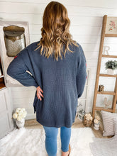 Load image into Gallery viewer, Knitted Floral Sleeve Navy Cardigan
