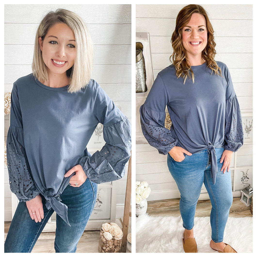 Front Tie Eyelet Bubble Sleeve Top