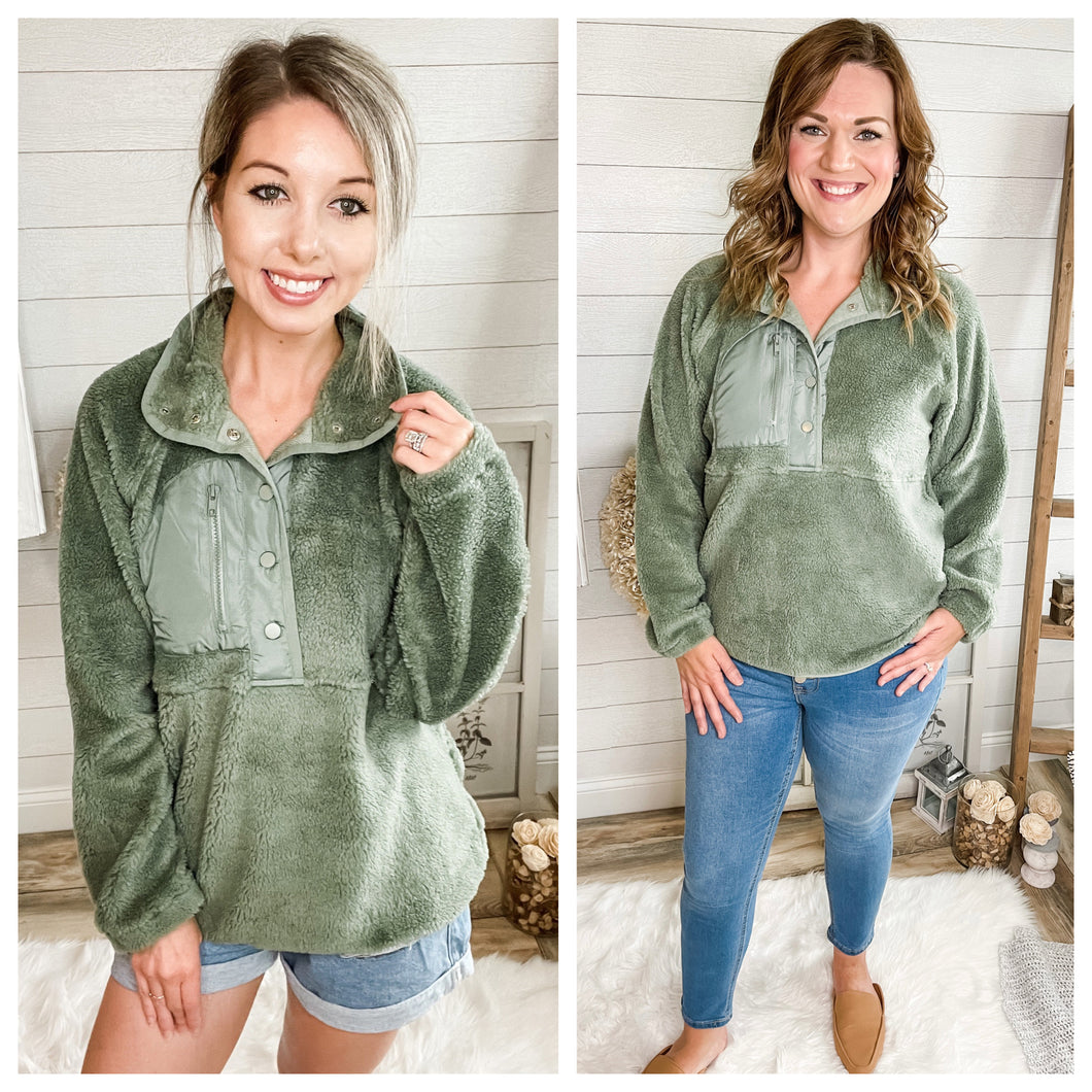 Olive Chest Pocket Sherpa Pullover