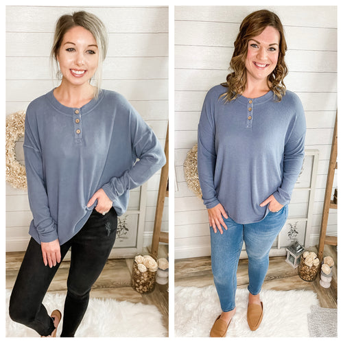 Steel Blue Long Sleeve 3 Button Down Lightweight Sweater