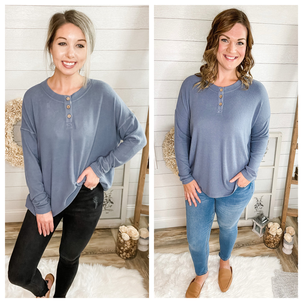 Steel Blue Long Sleeve 3 Button Down Lightweight Sweater