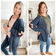 Load image into Gallery viewer, Knitted Floral Sleeve Navy Cardigan
