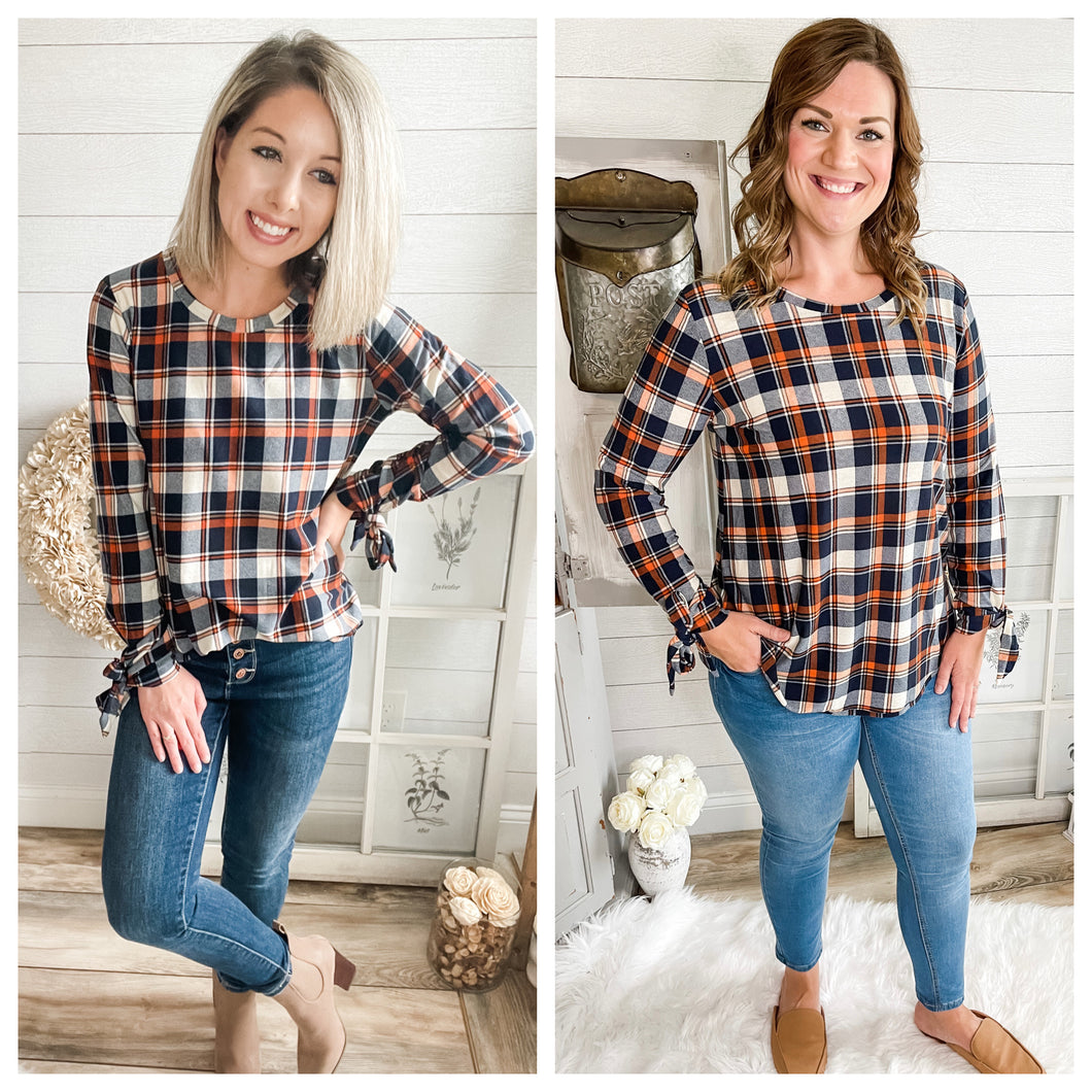 Plaid Top With Tie Up Sleeves