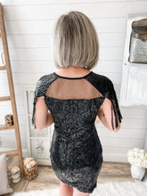 Load image into Gallery viewer, Black Sequin and Mesh Mini Dress With Tassel Sleeves
