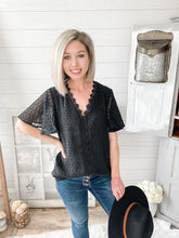 Load image into Gallery viewer, Lace Trim V Neck Swiss Dot Flutter Sleeve Top
