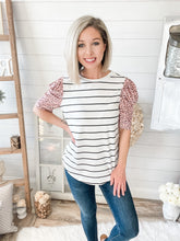 Load image into Gallery viewer, Striped With Leopard Ruffled Puff Sleeves Top
