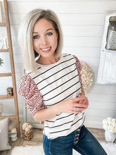 Load image into Gallery viewer, Striped With Leopard Ruffled Puff Sleeves Top
