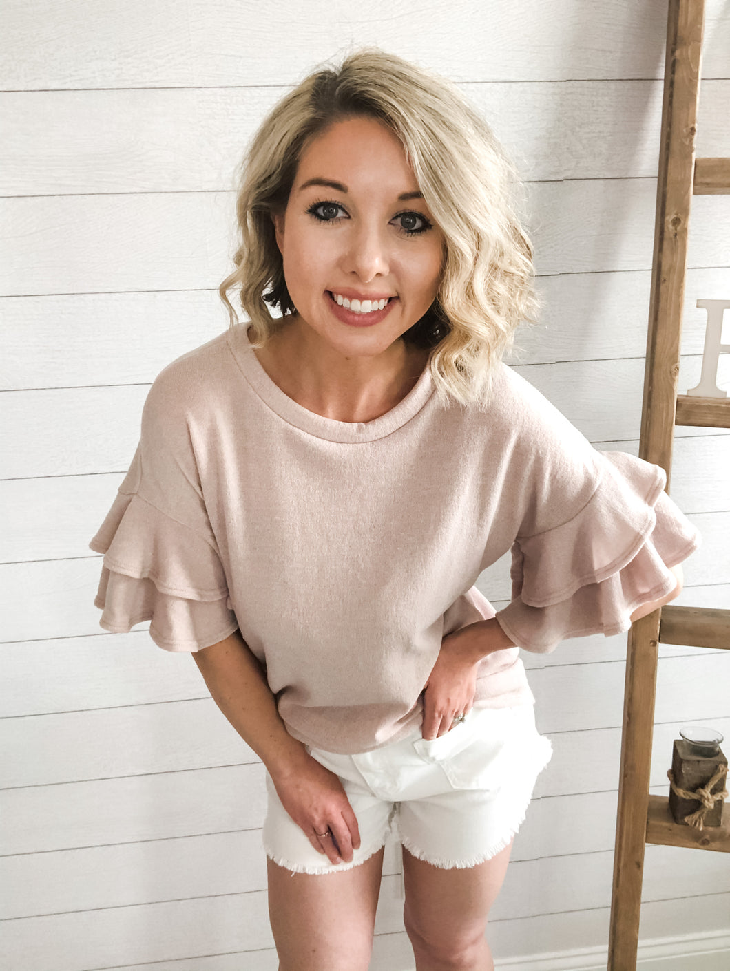 2-Tier Ruffled Sleeves Crew Neck Knit Top - Saluda Rose Boutique