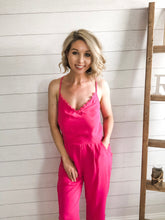 Load image into Gallery viewer, Pink Scalloped Lace Trim criss cross back pink Jumpsuit
