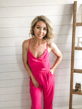 Load image into Gallery viewer, Pink Scalloped Lace Trim criss cross back pink Jumpsuit
