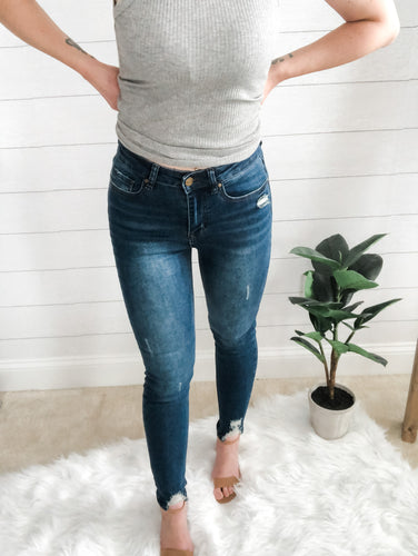Dark Blue Wash High Rise Distressed Hem Skinny Jean
