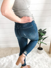 Load image into Gallery viewer, Dark Blue Wash High Rise Distressed Hem Skinny Jean
