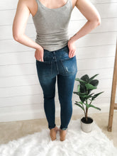 Load image into Gallery viewer, Dark Blue Wash High Rise Distressed Hem Skinny Jean
