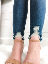 Load image into Gallery viewer, Dark Blue Wash High Rise Distressed Hem Skinny Jean
