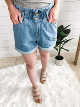 Load image into Gallery viewer, Distressed Light Denim High Waisted Paper Bag Shorts
