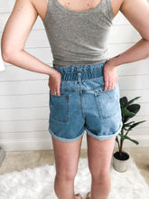Load image into Gallery viewer, Distressed Light Denim High Waisted Paper Bag Shorts
