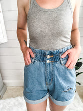 Load image into Gallery viewer, Distressed Light Denim High Waisted Paper Bag Shorts
