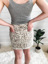Load image into Gallery viewer, Faded leopard print frayed bottom distressed denim skirt
