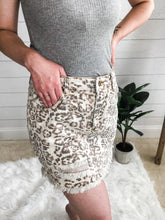 Load image into Gallery viewer, Faded leopard print frayed bottom distressed denim skirt
