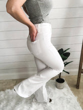 Load image into Gallery viewer, White Tencel High Rise Flare Pants with 5 rose gold button Downs
