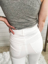 Load image into Gallery viewer, White Tencel High Rise Flare Pants with 5 rose gold button Downs
