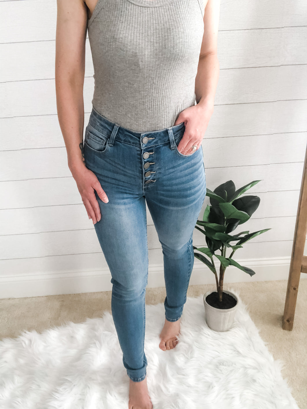 Light Wash High Rise 5 Button Down Jean