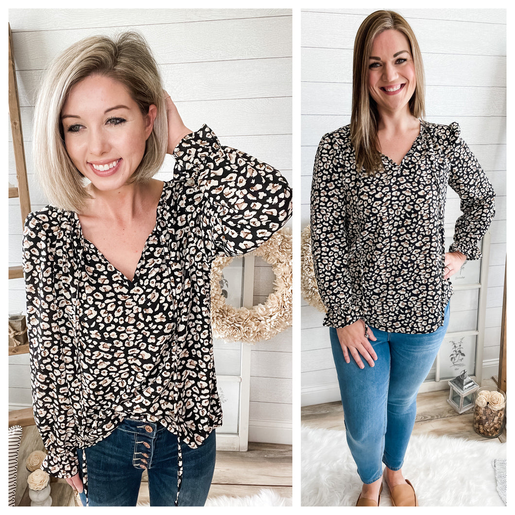 Black and Neutral Leopard Print Long Sleeve Top