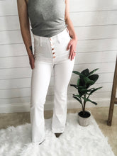 Load image into Gallery viewer, White Tencel High Rise Flare Pants with 5 rose gold button Downs

