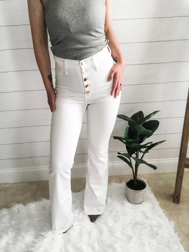 White Tencel High Rise Flare Pants with 5 rose gold button Downs