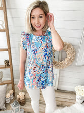 Load image into Gallery viewer, Blue Floral Print Lilly Inspired Ruffled Top
