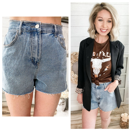 Rhinestone Denim Shorts With Frayed Hem