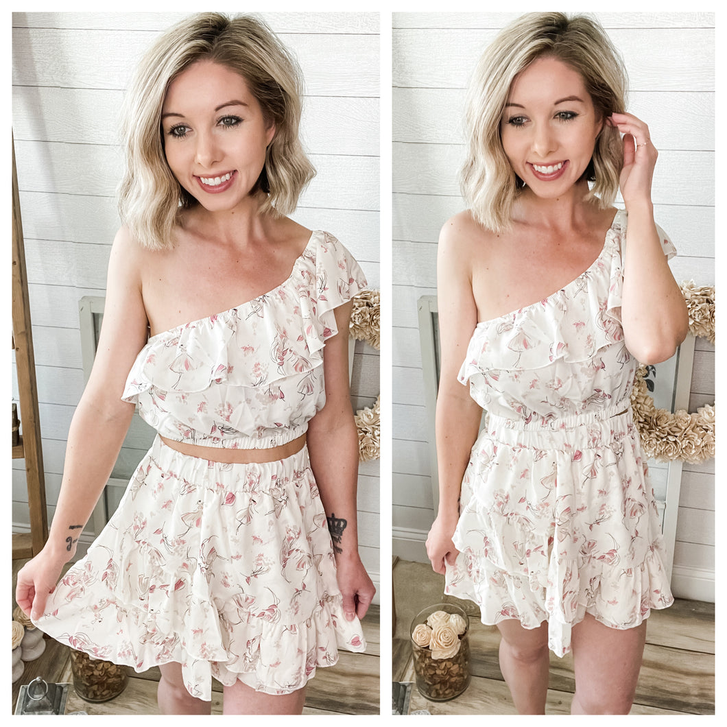 2 Piece Set Floral One Shoulder Crop Top & Ruffled Tiered Skirt