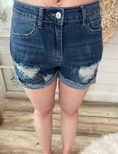 Load image into Gallery viewer, Stretchy Medium Wash Distressed Rolled Hem Denim Shorts
