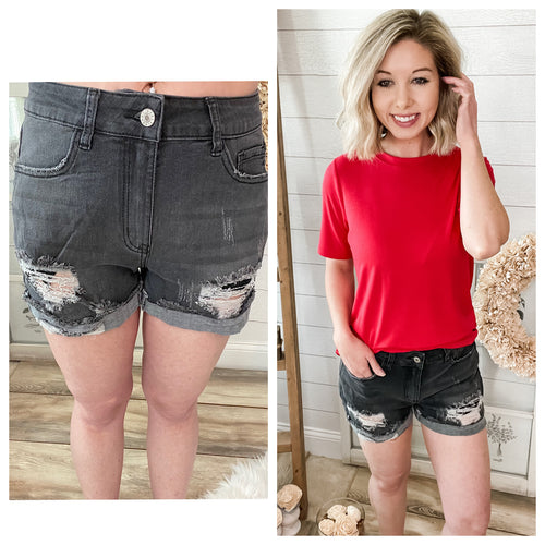 Stretchy Black Distressed Rolled Hem Denim Shorts