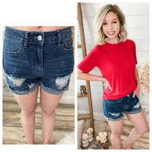Load image into Gallery viewer, Stretchy Medium Wash Distressed Rolled Hem Denim Shorts
