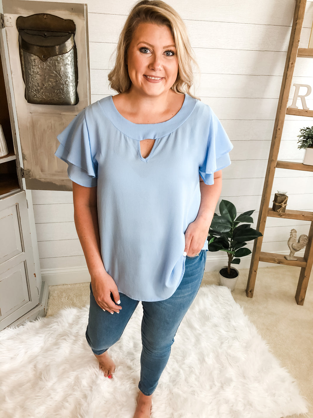 Double Layered Ruffle Sleeve Top with keyhole plus size