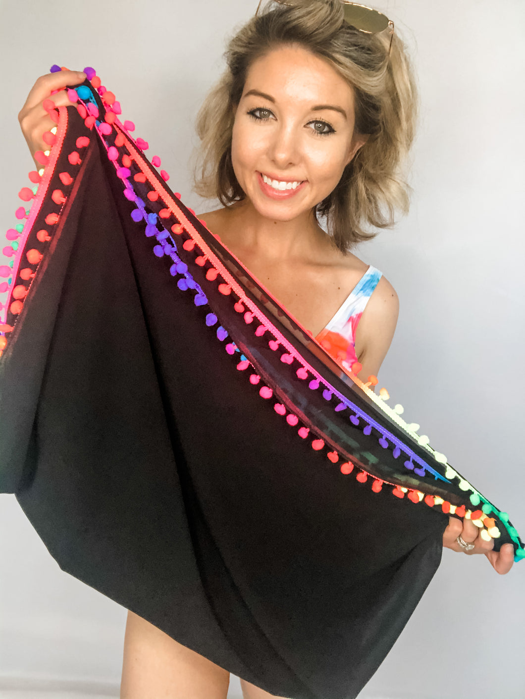 Rainbow Pom-Pom Black Swimsuit Coverup