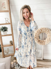 Load image into Gallery viewer, Blue Ivory Floral Long Sleeve Midi Dress

