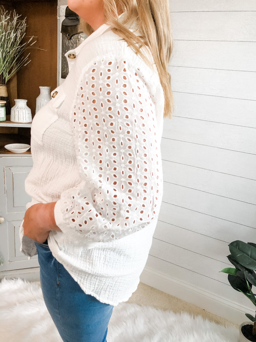 Plus Size Cotton Eyelet Sleeve Button Down Collared Top