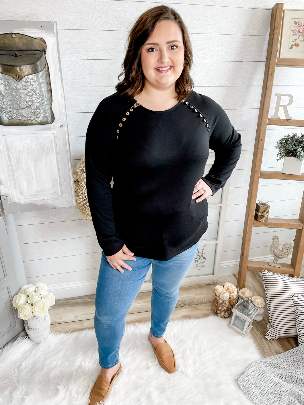 Plus Size Wooden Button Long Sleeve Top