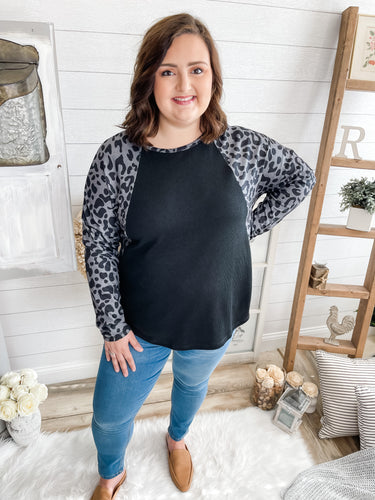 Plus Size Grey and Black Leopard Print Waffle Knit Top