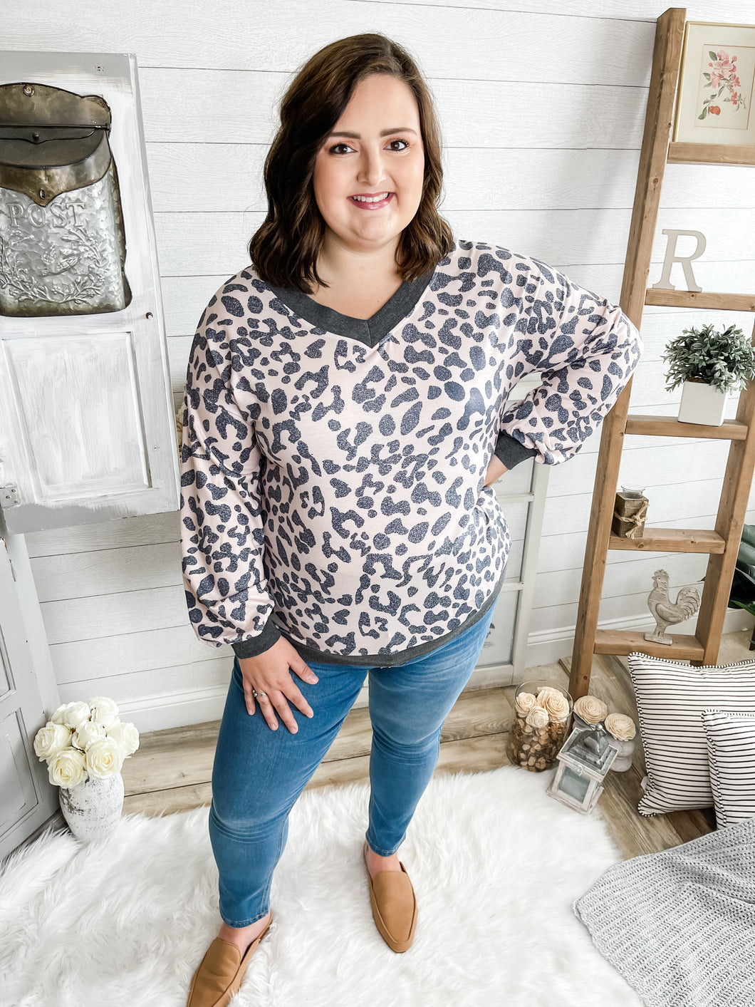 Plus Size Faded Leopard Print Long Sleeve Top