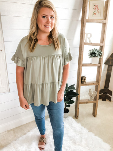 Plus Size Round Neck Ruffled Sleeve Babydoll Top