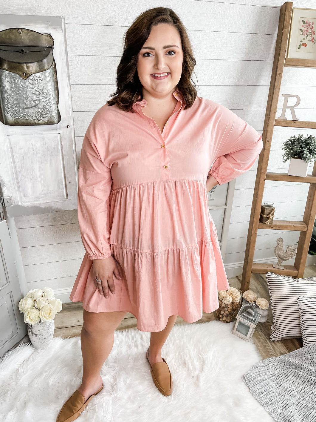 Plus Size Pink Buttoned Tiered Dress