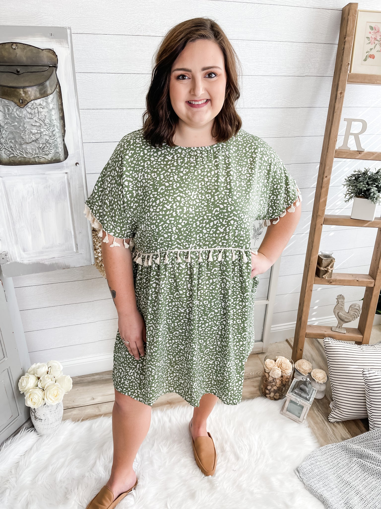 Plus Size Lightweight Green Leopard Print Tassel Babydoll Dress Plus Size Lightweight Green Leopard Print Tassel Babydoll Dress