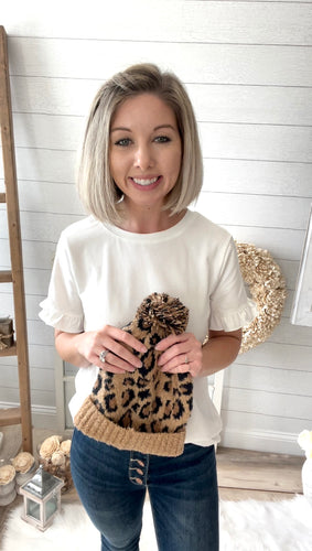 Brown Leopard Print Pom Pom Beanie