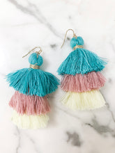 Load image into Gallery viewer, Blue/Rose/Yellow Layered Tassel Earrings
