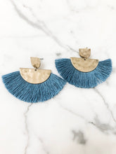 Load image into Gallery viewer, Hammered Gold Color Dusty Blue Tassel Earrings
