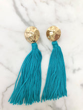Load image into Gallery viewer, Shiny Hammered Gold Color Blue Long Tassel Earrings
