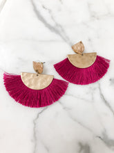 Load image into Gallery viewer, Hammered Gold Color Magenta Tassel Earrings
